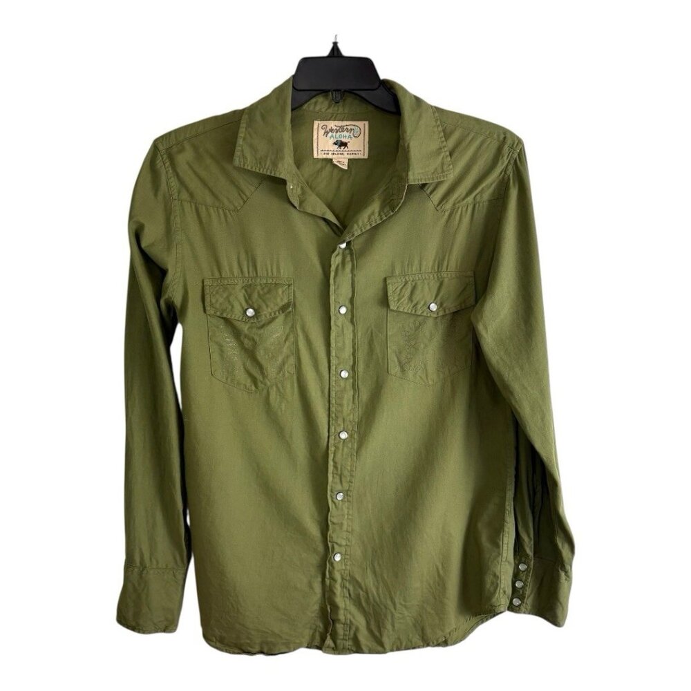 Western Aloha Womens Shirt Adult Size Medium Green Long Sleeve Pearl Snaps